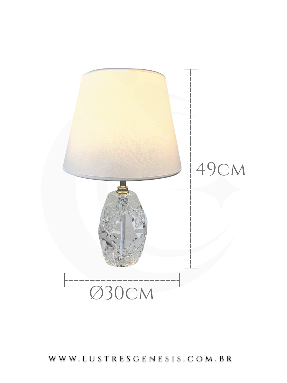 Abajur moderno de cristal Jewel com cúpula branca, base facetada em cristal, ideal para leitura, quartos, escritório e escrivaninhas, medindo 49 cm de altura e 30 cm de diâmetro.